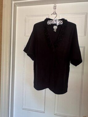 Chicos Black Sweater Faux Fur V-Neck Open Front Short Sleeve